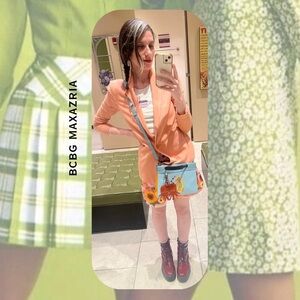 BCBGMaxAzria • peach moto open blazer jacket with knit stretch panels